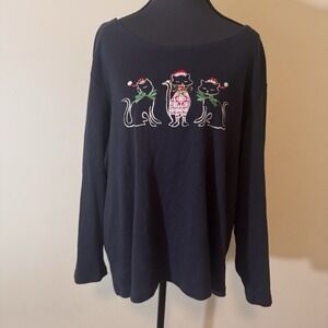 Karen Scott Woman Christmas‎ Cats Embroidered Holiday Top Black Size XL